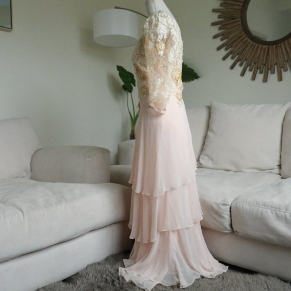 Vtg Judy Hornby Silk and Lace Applique Tiered Maxi Gown - Picture 5 of 12